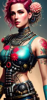 Wallpaper featuring cyborg woman with pink hair and floral tattoos, vibrant and futuristic.