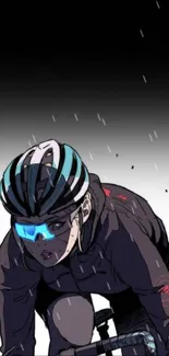 Anime character intensely cycling with helmet and blue visor.