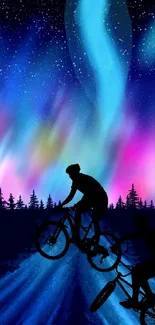 Silhouetted cyclists ride under a vibrant aurora borealis in a starry night sky.