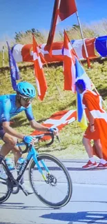 Colorful cycling race with flags displayed in the background.