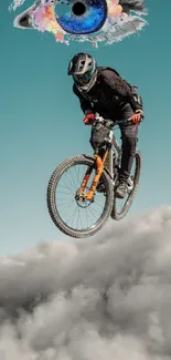 Cyclist riding through clouds beneath a vibrant sky.