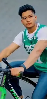 Man cycling in a green sports jersey on textured background.