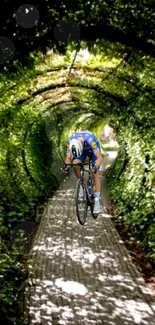 Cyclist racing through a vibrant, green leafy tunnel.