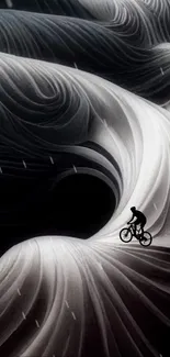 Cyclist riding through surreal, flowing black waves.