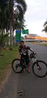 Cyclist on a road bordered by palm trees and greenery.