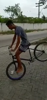 Cyclist performs a dramatic wheelie on a street, featuring urban scenery.