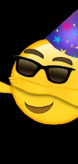 Dabbing emoji with sunglasses and a party hat on a fun wallpaper.