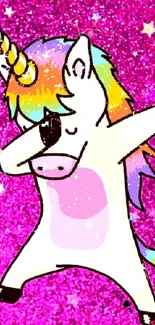 Dabbing unicorn on pink glitter background.