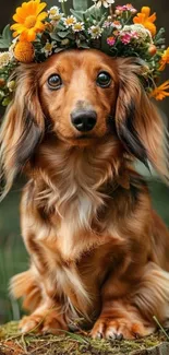 Dachshund wearing a flower crown outdoors.