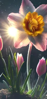 Daffodil and tulips under a starry night sky, featuring soft glowing petals.