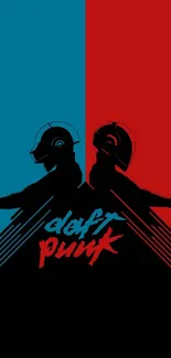 Daft Punk wallpaper with silhouetted figures on a blue-red split background.