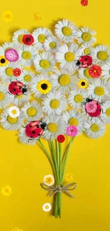 Daisy bouquet with ladybugs on yellow background mobile wallpaper.