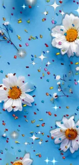 Daisy and confetti design on blue background with sparkling details.