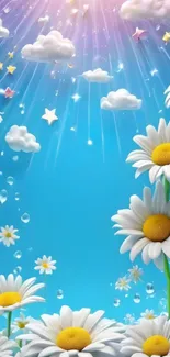 Daisy-themed mobile wallpaper with clouds and stars.