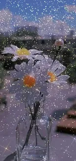 Daisies in vase with sparkling sky background.