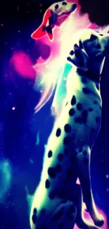 Dalmatian dogs in a cosmic and colorful space setting wallpaper.