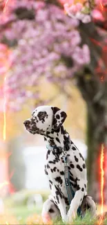 Dalmatian sitting under cherry blossoms with a warm glow.