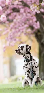 Dalmatian sitting under blooming cherry blossoms in a serene spring scene.