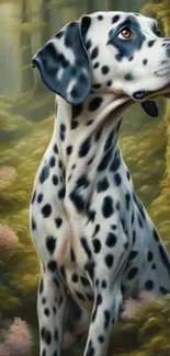 Dalmatian in a mystical forest setting with vibrant greenery.