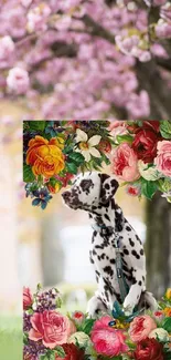 Dalmatian dog sitting in a vibrant floral frame with cherry blossoms.