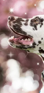 Dalmatian dog smiling in front of pink blossoms