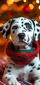 Dalmatian puppy with red scarf in festive background.