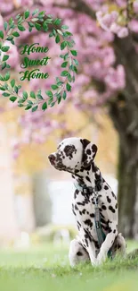 Dalmatian sits under cherry blossoms with 'Home Sweet Home' wreath.