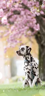 Dalmatian dog sitting under cherry blossoms with light bokeh effect.