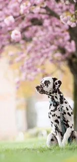 Dalmatian sitting under cherry blossoms in spring.