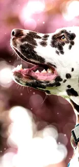 Dalmatian in front of pink blossoms, smiling joyfully.