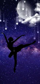 Silhouette dancer against starry galaxy with moon.