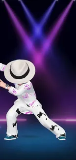 Animated dancer in hat under purple stage lights.