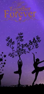 Silhouette of dancers and tree under a starry purple sky.