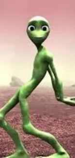 Cartoon alien dancing in a surreal desert landscape.