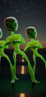 Neon green aliens dancing under a starry sky.