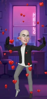 Animating avatar dancing with hearts in a creatively styled room.