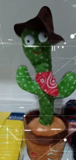 Playful dancing cactus with a hat and red bandana in a cyber-themed mobile wallpaper.