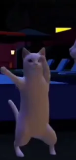 Animated dancing cats in a nightlife scene.