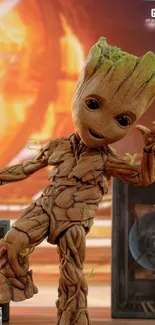 Dancing Groot from Guardians of the Galaxy, set against a vibrant background.