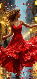 Woman in red dress dancing in the city rain.