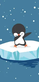 Adorable dancing penguin on ice floe with blue snowy background.