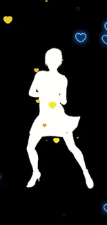 Silhouette of a dancer with glowing heart shapes on a dark background.