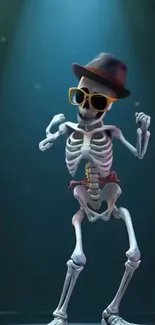 Dancing skeleton wearing a hat and sunglasses.