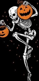 Dancing skeleton holding two pumpkin lanterns on black background.