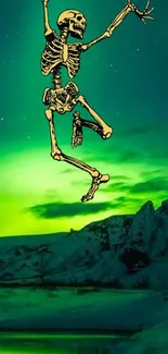 Skeleton dancing with northern lights in vibrant wallpaper.