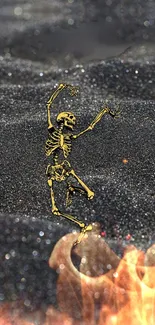 Skeletal figure dancing on fiery sand background.