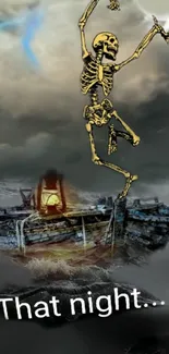 Whimsical art of dancing skeleton on a stormy ship at night.