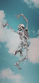 Dancing skeleton against a blue sky with clouds in artistic wallpaper style.