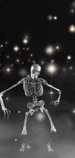 Skeleton dancing in a starry night sky wallpaper.