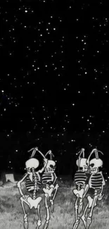 Monochrome skeletons dance beneath a starry night sky background.